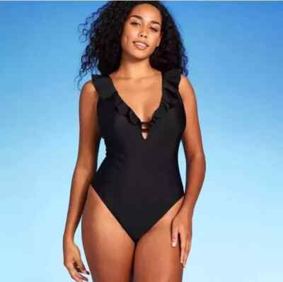 Women's Ruffle Plunge One Piece Swimsuit - Shade & Shore Black Medium 8-10