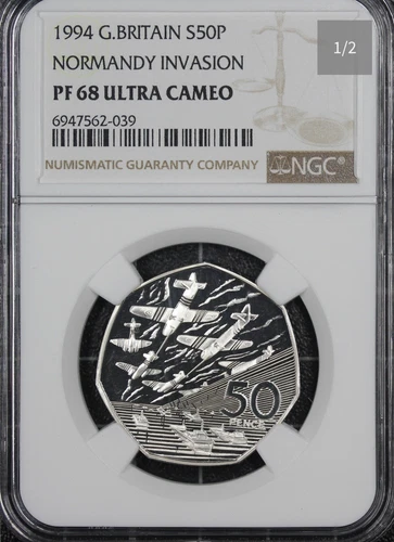 Rare NGC Graded PF68 Ultra Cameo 1994 Silver 50p Normandy Invasion