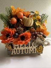 Fall Pumpkins Rustic Pines Small Wood Crate Tiered Tray Table Decor Florals New