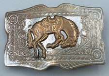 Western Bull Rider Bucking Bronco Belt Buckle Nickle Silver Vintage Lyntone Co