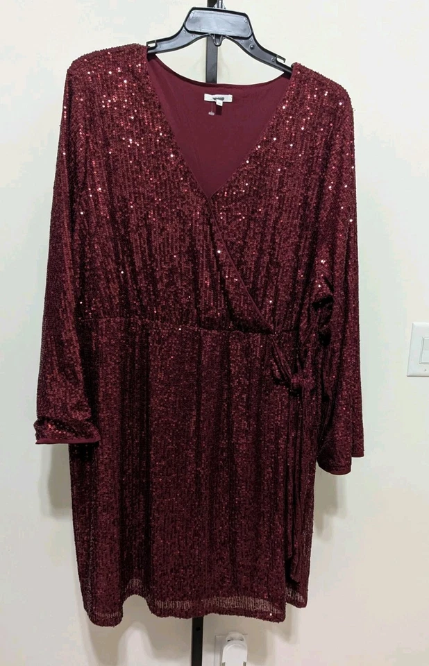 Vestido para mujer Maurices Plus borgoña lentejuelas imitación envoltura manga larga talla 4X Foto 2 de 4
