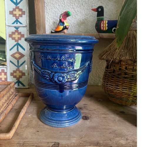 Anduze French Pottery Blue Glazed Planter 9' Jardine Urn Flower Pot 8.5in