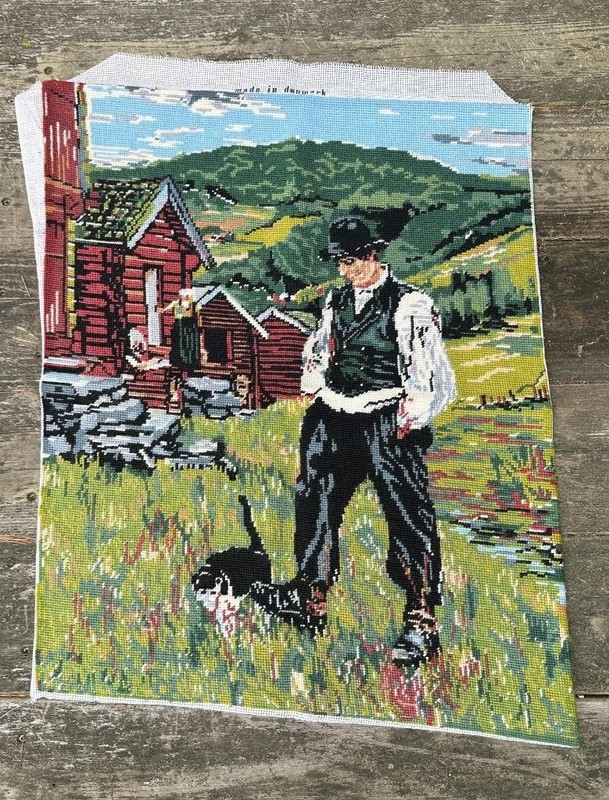 Antique Norwegian Farmer and Cat Needlepoint Tapestry Runner Scandinavian Norway