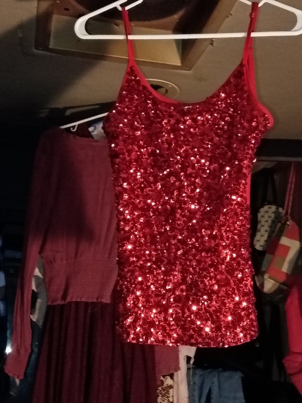 Women's Red Sequin Knit Spaghetti Strap Scoop Neck Pullover Camisole Tank M