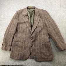 Vintage Harris Tweed Blazer Jacket Men 44 Brown Herringbone Wool Sport Coat USA