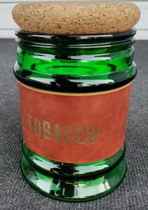 Vtg Green Glass Tobacco Jar / Humidor with Cork Stopper