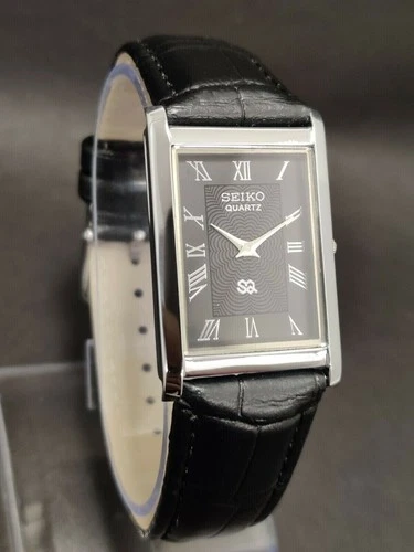 Vintage Seiko Slim Tank Quartz Men Black Dial Dress Watch-Free DDP Shipping