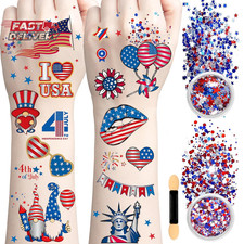 80PCS 4Th of July Temporary Tattoos, Red White Blue Glitter Set - Patriotic Acce