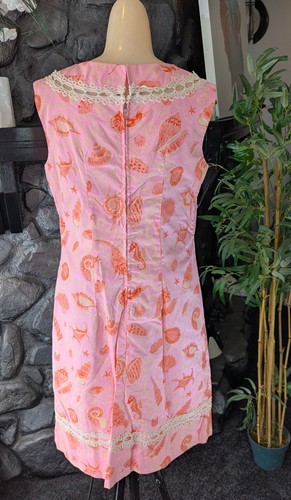 Vtg 60s Mod Pink Seahorse Shell Pattern Shift Dress w/ Crochet Lace M/L Cruise, $89.99 - Photo 6