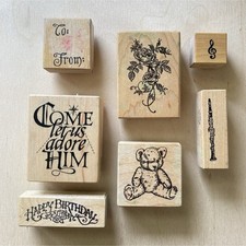 Lot 7 PSX Personal Stamp Exchange Wood Rubber Stamps Floral Bear Music Christmas