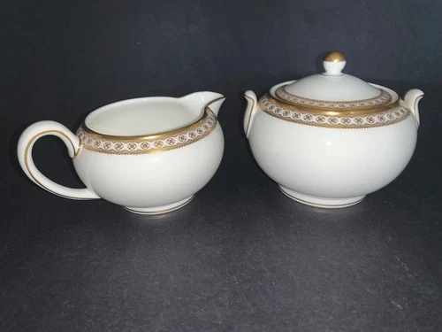 Wedgwood Ulander Gold Covered sugar bowl and creamer set bone china England
