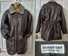 Vtg Territory Clothing Limited Women's Brown Aviator Leather Jacket Uk 14 Biker