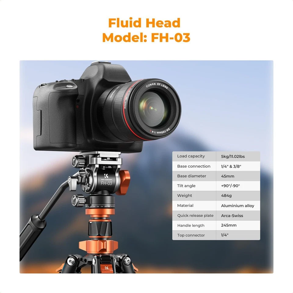 K&F Concept 83" Camera Video Tripod w/ 360° Panorama Fluid Head Compact for DSLR - Image 4 of 4