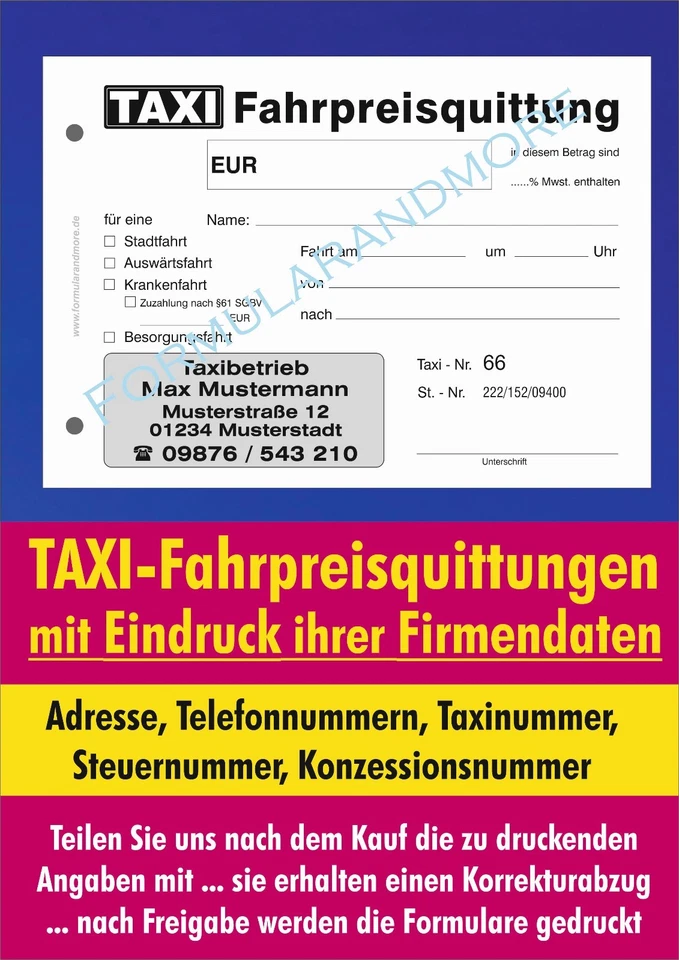 TAXI-Quittung, Block á 100 Blatt A6, inkl. Firmeneindruck,Taxi-Fahrpreisquittung - Bild 2 von 3