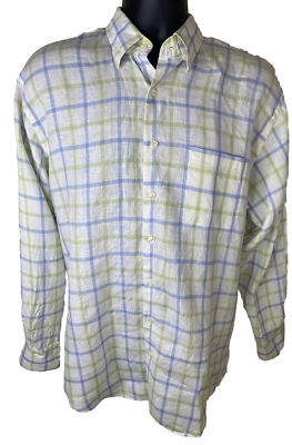 MINE Shirt Mens Medium Multicolor Plaid  100% Linen Hidden Button Down
