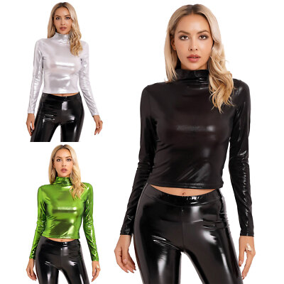 XUNZOO Women's Metallic Crop Top – Shiny Long Sleeve Or Sleeveless, High Neck, Stretchy Rave & Festival Clubwear (Color #2, XX-Large)