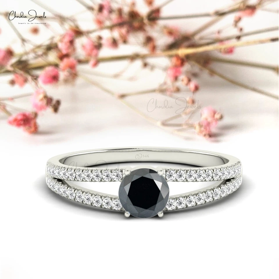 Auténtico anillo de promesa de vástago dividido de diamantes negros y diamantes G-H de 0,44 quilates de oro de 14 k Foto 3 de 4