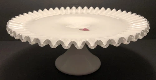 Fenton White Milk Glass Silver Crest Ruffled Edge Pedestal Cake Stand Plate 13"