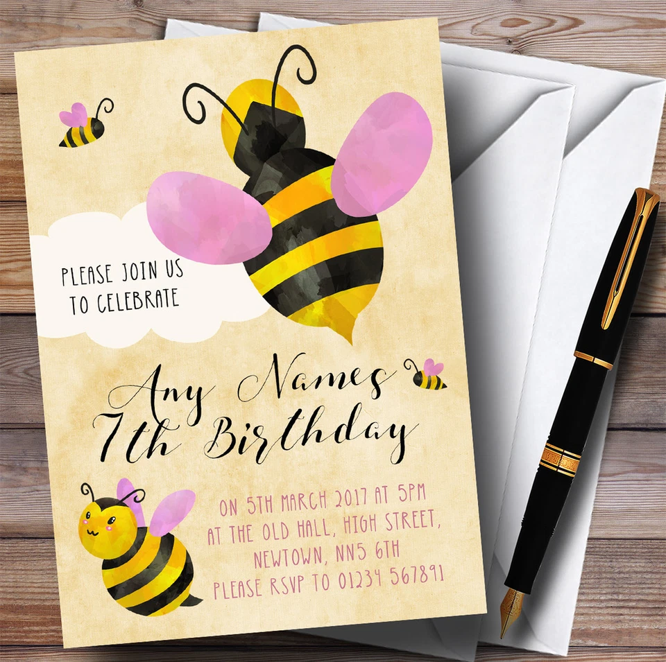 THECARDZOO Girls Bumble Bee Cloud Childrens Birthday Party Invitations