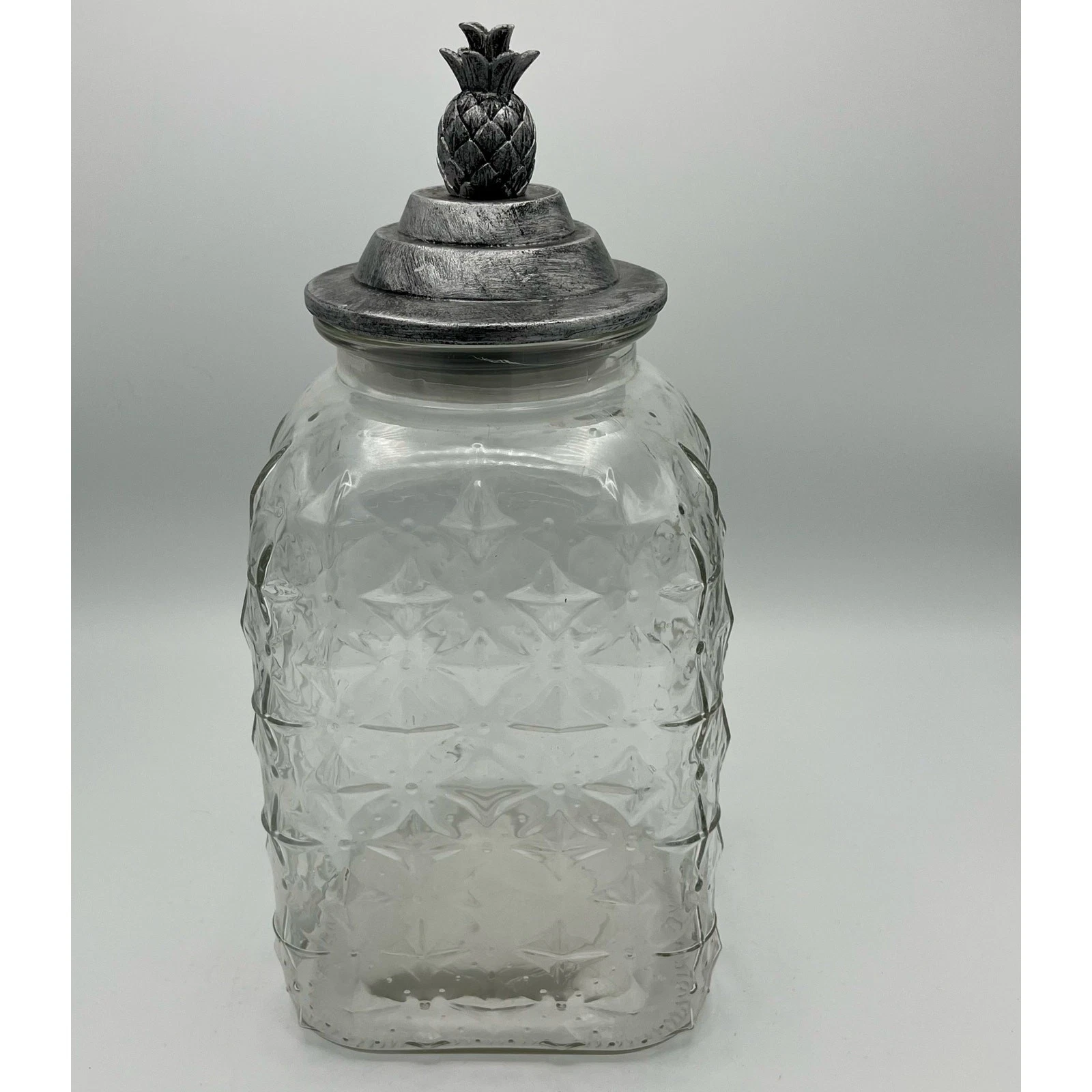 Large Diamond Star Pattern Glass Canister with Pineapple Pewter Sealing Lid