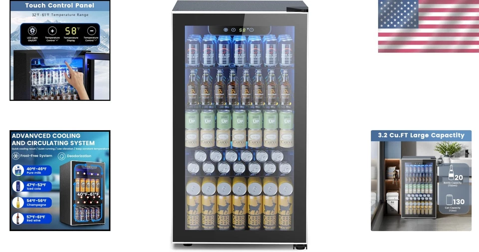 Compact under Counter Beverage Refrigerator - 130 Can Capacity with LED Lighting - Image 2 of 4