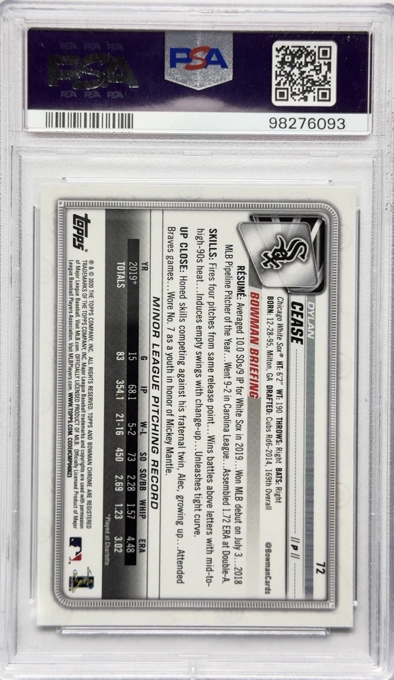 Dylan Cease 2020 Bowman Chrome #72 RC PSA 10 White Sox☃️ - Image 2 of 2