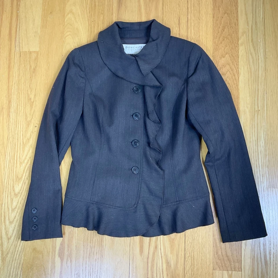 Doncaster Blazer Wool Vintage Brown Tweed Ruffle Front Button Close (6) - Image 4 of 4