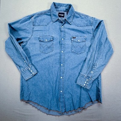 Wrangler Denim Shirt Mens 2XT Good Blue Western Pearl Snap Long Sleeve