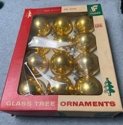 1960s Franke Glass Tree Ornaments Made In USA Gold Set of 12 Original Box