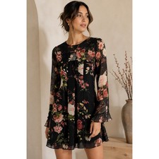 Kimchi Blue Urban Outfitters Black & Pink Floral Flared Cuff Mini Dress XS Boho