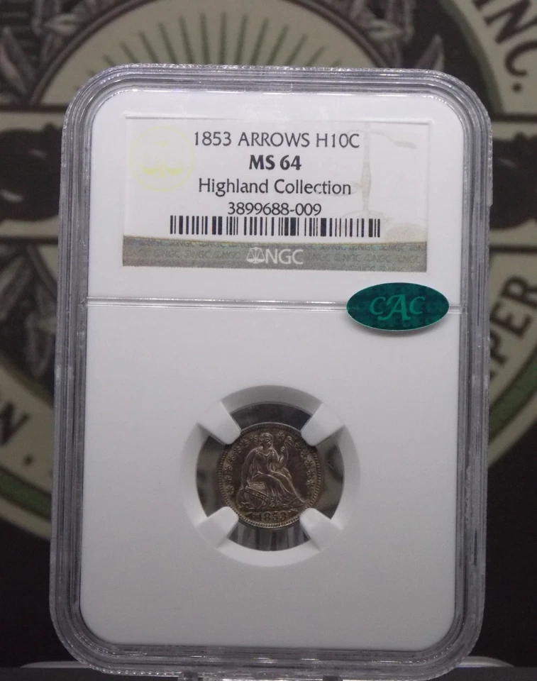 1853 "P" Seated Liberty Half Dime *ARROWS* H10 NGC MS64 CAC #009 Unc BU ECC&C - Image 3 of 4