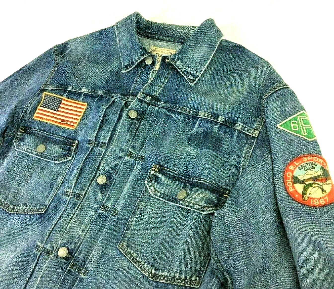 Polo Ralph Lauren American Flag Canoe Fishing Sportsman Patched Trucker Jacket