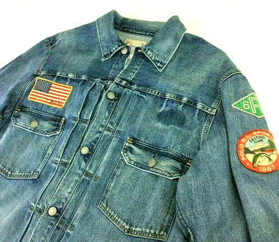 Polo Ralph Lauren American Flag Canoe Fishing Sportsman Patched Trucker Jacket