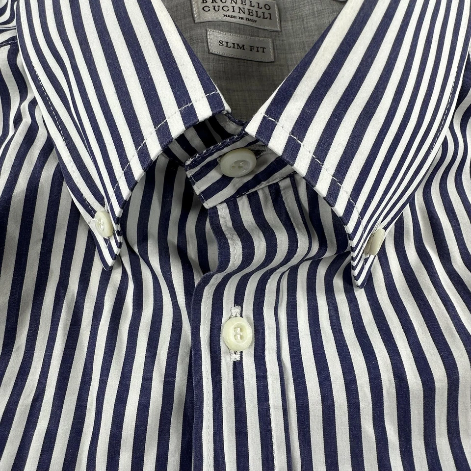 Camisa Brunello Cucinelli Para Hombres 2XL Azul Rayas Calce Ajustado Con Botones Hecha en Italia Foto 3 de 4