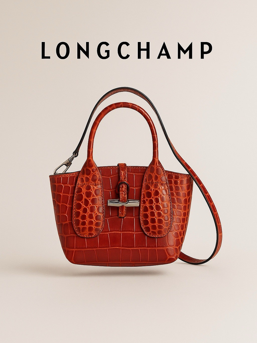 Longchamp Roseau Mine Croc Embossed Leather Shoulder Bag Marmalade