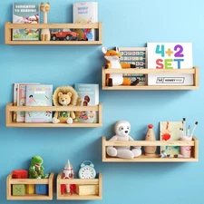 Wall-Mounted Nursery Bookshelves - 4 Long + 2 Mini Shelves, Kids Room Storage...