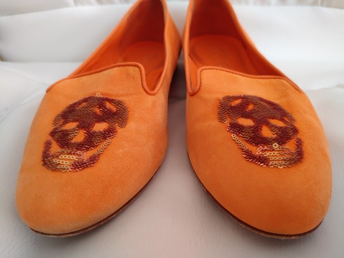 Alexander McQueen Orange Suede Ballet Flats Sequin Skulls Shoes Slippers Loafers - Picture 4 of 17