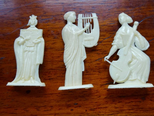 antique art deco carved cream celluloid table place marker music goddess set Y13
