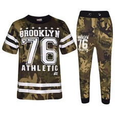 Kids Boys Designer Brooklyn 76 Camouflage Green T Shirt Tops Trouser Tracksuit