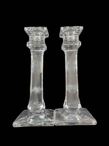 Set of 2 Vintage Crystal Etched Floral Clear Candlestick Holders 7.5" Tall - Picture 13 of 13