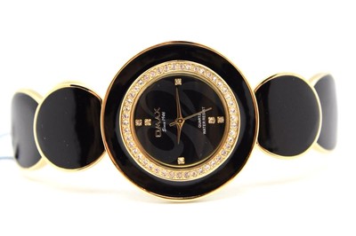 Omax Women's Watch Black White Ceramic Style Round Link Rose Gold Stone Around 