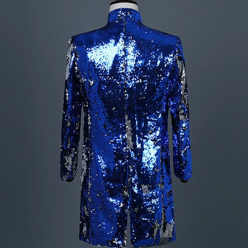 Men Reversible Two Tone Sequin Longline Jacket Suit Blazer Cabaret Carnival Tops - Picture 10 of 21