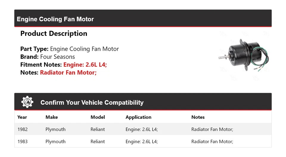 For 1982-1983 Plymouth Reliant 2.6L L4 Engine Cooling Fan Motor 4 Seasons - Image 2 of 4