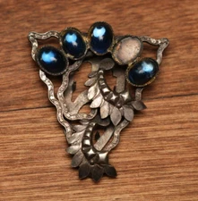 Arts & Crafts Dress Clip Silver Tone Blue Cabochons Antique Vintage READ