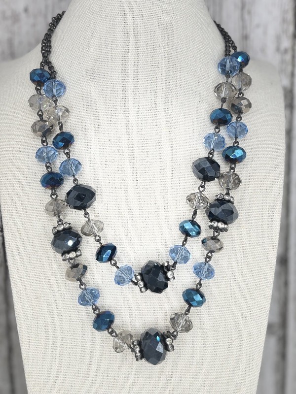 Vintage Signed Crown TRIFARI Icy Blues, Grey Crystals Double Strand Necklace