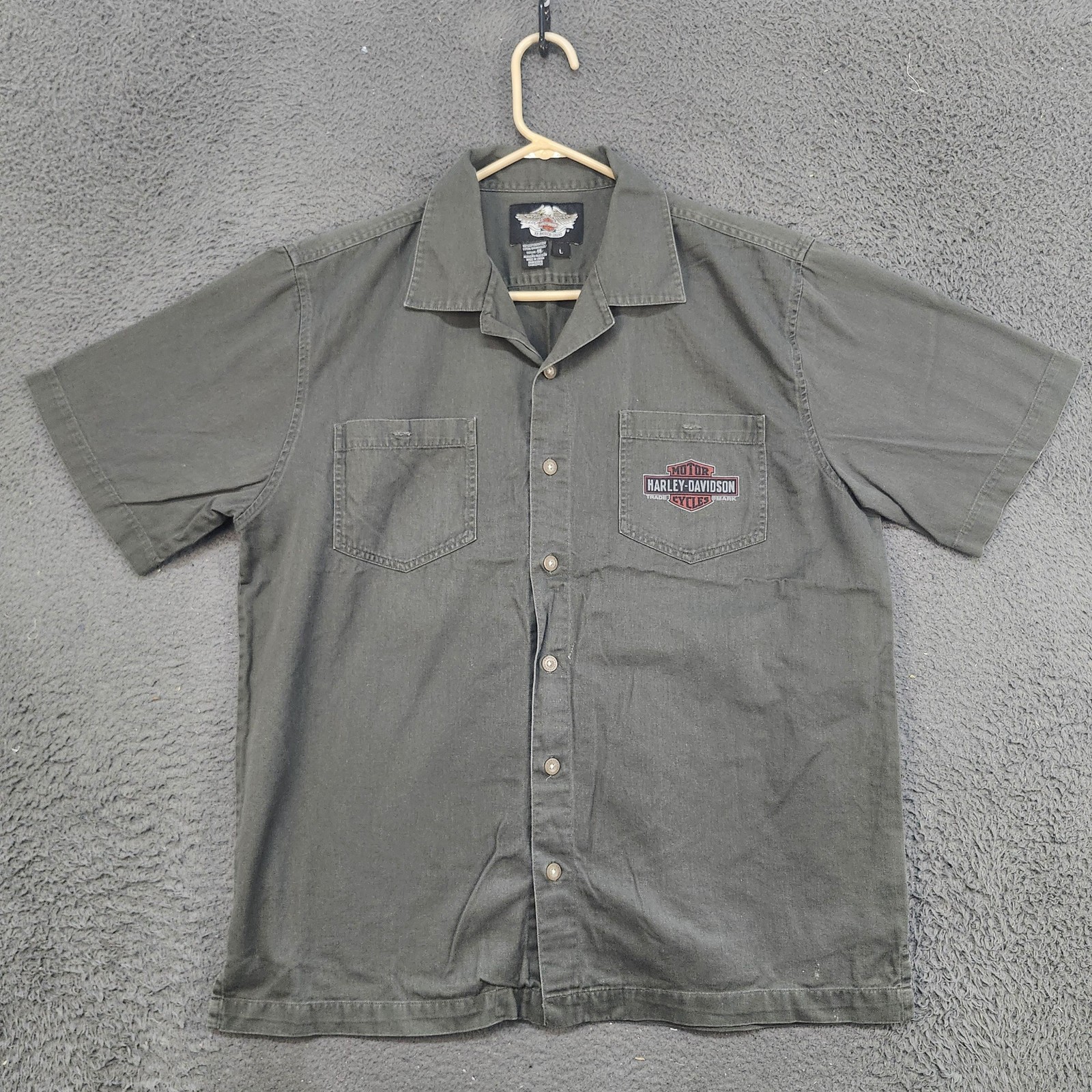 Harley Davidson Work Shirt Mens Large Gray Short Sleeve Button Front Oil Logo