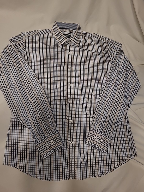 Bugatchi Mens Long Sleeve Blue White  Checkered Shirt Shape Fit Cotton Size L