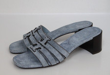 sz 8 Tory Burch Denim Canvas Blue Ines Cage Logo Slide Sandal Mule Pump Shoes