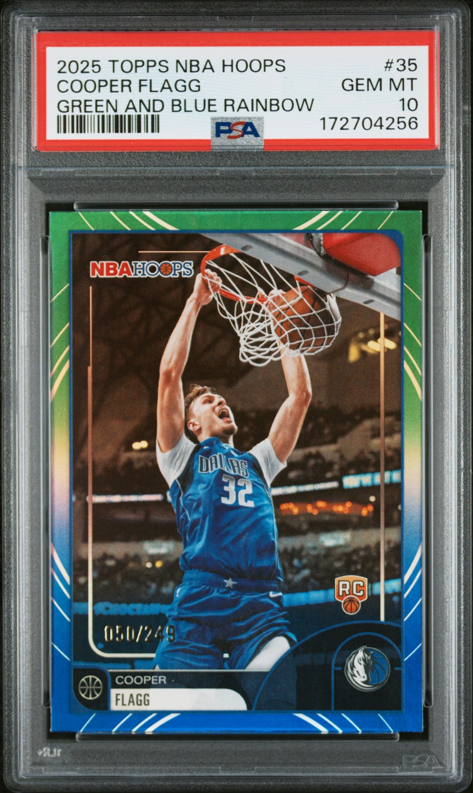 2025 TOPPS NBA HOOPS GREEN & BLUE RAINBOW #35 COOPER FLAGG 50/249 PSA 10