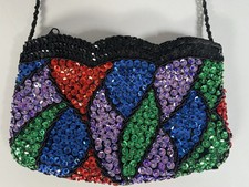 Vintage 90s La Regale Multi Color Sequin Handbag with Black Beaded Strap